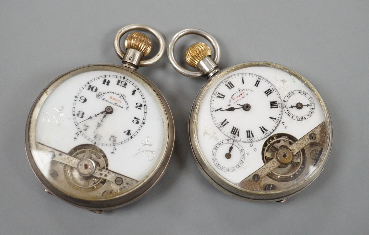 Two early 20th century silver Hebdomas open faced 8 day pocket watches, with one Hebdomas box.
